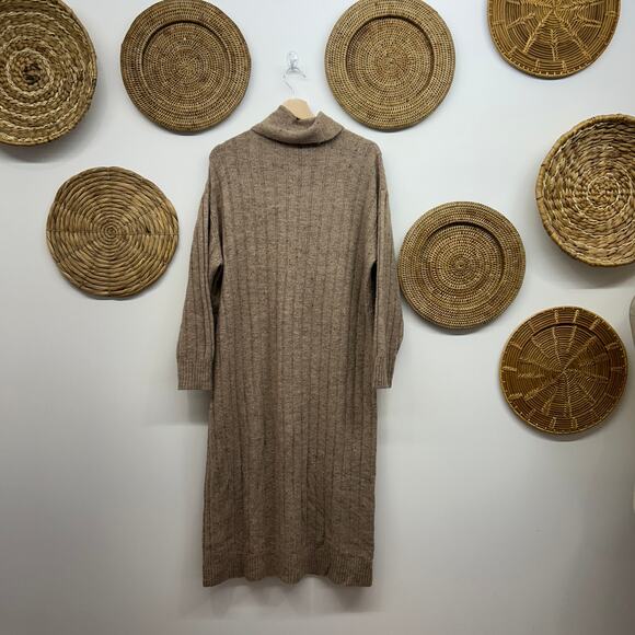 MNG MANGO Brown Wool Blend Ribbed Knit Turtleneck Midi Sweater Dress 2 Neutral - Picture 2 of 6
